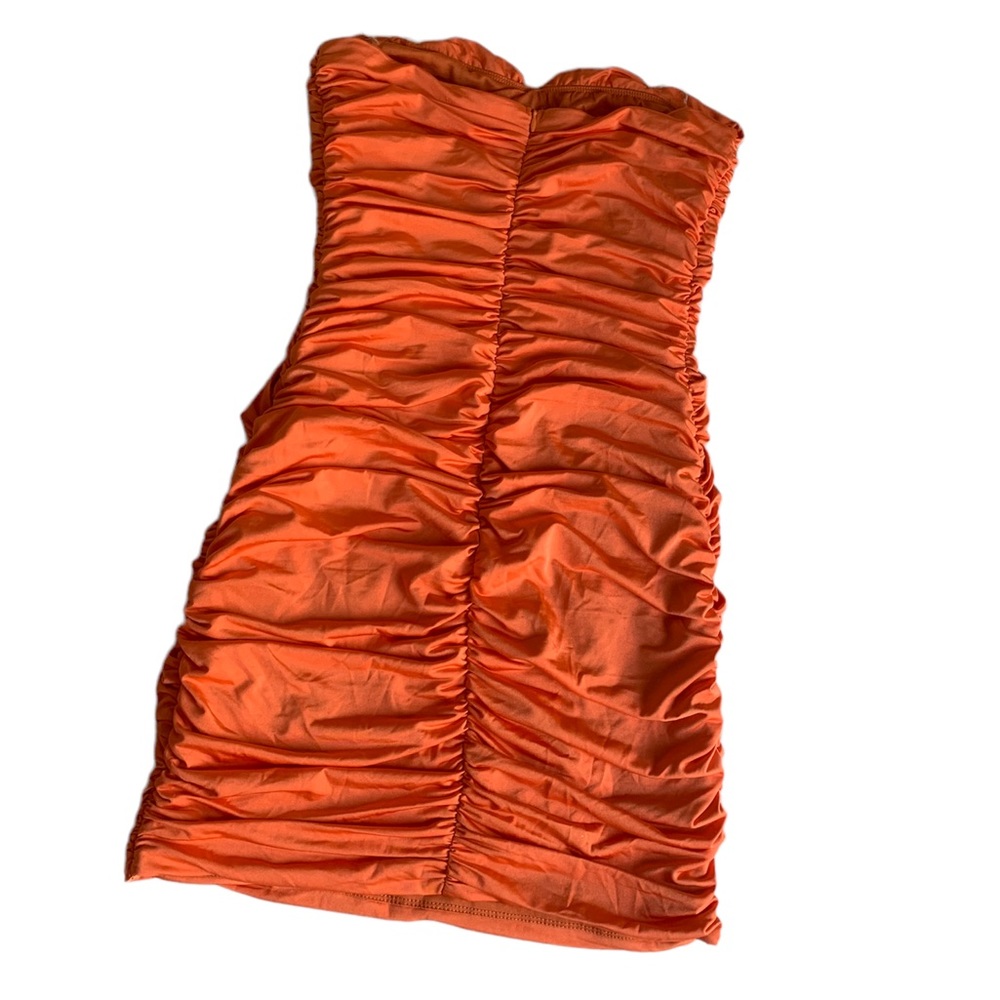 Love culture Strapless orange dress. Silky bandage ruched style. Size medium.